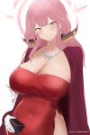  1girl absurdres aru_(blue_archive) aru_(dress)_(blue_archive) blue_archive blush breasts cape cleavage collarbone covered_navel dress earrings gloves halo head_tilt highres jewelry large_breasts looking_at_viewer medium_hair nashuhentai necklace pink_hair purple_cape red_dress smile solo white_gloves 