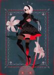  1girl 2b_(nier:automata) black_blindfold black_dress black_footwear black_gloves black_hairband black_thighhighs blindfold blood blood_on_clothes blood_on_weapon blue_background boots border closed_mouth covered_eyes dress flower foot_out_of_frame frilled_sleeves frills full_body gloves grey_hair hairband hand_on_hilt high_heel_boots high_heels highres holding holding_sword holding_weapon juliet_sleeves katana long_sleeves machine_(nier) mole mole_under_mouth namiki_kazama nier:automata nier_(series) ornate_border puffy_sleeves robot short_hair signature solo sword thighhighs weapon 