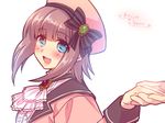  atelier_(series) atelier_elkrone blue_eyes blush bow brown_hair copyright_name cravat hat holding_hands meriel_(atelier) out_of_frame ribbon satomi_yoshitaka short_hair smile solo_focus white_background 