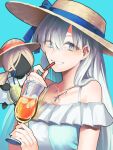  1girl anastasia_(fate) anastasia_(swimsuit_archer)_(fate) anastasia_(swimsuit_archer)_(first_ascension)_(fate) blue_background blue_eyes cup doll drinking_glass drinking_straw fate/grand_order fate_(series) grey_hair hat highres jewelry long_hair pendant smile straw_hat toura_higashi viy_(fate) 