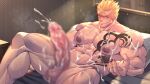 1boy abs bara bed bed_sheet blonde_hair blur_censor blurry blurry_background blush censored chest_tattoo cum cum_on_body ejaculation erection facial fairy_tail firenzesaika huge_pectorals huge_penis laxus_dreyar looking_at_viewer male_focus manly mature_male muscular muscular_male nipples on_bed pectorals penis pillow scar scar_across_eye smirk solo spiked_hair tattoo teeth testicles thick_arms thick_eyebrows thick_thighs thighs 