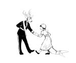  2024 6:5 anthro bowing clothing dancing deer deer_admiral_(hladilnik) dress duo female fin fish hand_behind_back hi_res hladilnik larger_male lonely_shark_(hladilnik) male mammal marine monochrome shark shark_tail size_difference smaller_female smile suite tail 