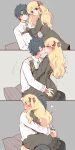  1boy 1girl azumi_(myameco) black_hair blonde_hair blue_eyes blush closed_eyes closed_mouth ereshkigal_(fate) fate/grand_order fate_(series) fujimaru_ritsuka_(male) hetero hug kiss long_hair red_eyes short_hair smile 