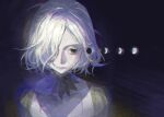  1boy absurdres armor black_eyes dungeon_meshi elf empty_eyes eyelashes hair_over_one_eye highres lccc male_focus mithrun moon_phases notched_ear one_eye_closed pointy_ears portrait short_hair solo symbolism uneven_eyes uniform white_hair 
