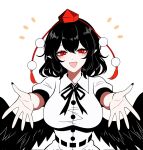  1girl :d belt bird_wings black_belt black_hair black_nails black_ribbon black_wings breasts buttons collared_shirt commentary_request feathered_wings fingernails hat highres large_breasts looking_at_viewer medium_hair neck_ribbon open_mouth pom_pom_(clothes) puffy_short_sleeves puffy_sleeves red_eyes red_hat ribbon shameimaru_aya shirt short_sleeves smile solo ssaf52913778 tokin_hat touhou upper_body white_shirt wings 