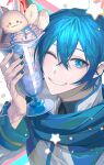  1boy absurdres aqua_hair banana banana_slice bibinggwas2 blue_hair blue_nails blue_scarf fang food fruit glitter grin highres holding holding_food ice_cream kaito_(vocaloid) light_blush long_sleeves male_focus one_eye_closed scarf short_hair smile sprinkles star_(symbol) vocaloid 