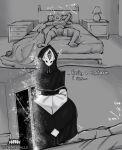 bed black_and_white breasts bulge clothed clothing comic creepy dialogue dream duo english_text furniture gynomorph hi_res human humanoid intersex male mammal monochrome nightmare robe sleeping text the_dreamweaver_(ze_blackball.d) ze_blackball.d