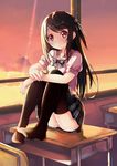  bad_id bad_pixiv_id black_hair black_legwear blush bow bowtie classroom cloud desk hair_bobbles hair_ornament hair_ribbon icywood indoors long_hair looking_at_viewer on_desk original panties pleated_skirt ribbon school_desk school_uniform shadow sitting sitting_on_desk skirt sky solo striped striped_panties sunset thighhighs underwear window 