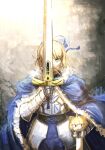  1girl ahoge armor artoria_pendragon_(fate) blonde_hair blue_cape cape commentary elden_ring english_commentary fate/stay_night fate_(series) fur-trimmed_cape fur_trim gauntlets green_eyes highres holding holding_sword holding_weapon looking_at_viewer melty_blood neco-arc ononotsu parody saber_(fate) sword trait_connection tsukihime weapon 