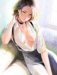  1girl black_pants breasts choker cleavage couch green_eyes hand_in_own_hair highres leaning_to_the_side looking_at_viewer medium_breasts nababa open_clothes open_shirt original pants shirt short_hair sitting sleeves_rolled_up suspenders unbuttoned unbuttoned_shirt white_shirt 
