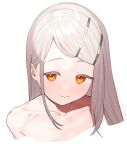  1girl bare_shoulders blush collarbone commentary_request cropped_shoulders gakuen_idolmaster grey_hair highres idolmaster long_hair looking_at_viewer orange_eyes shinosawa_hiro signalviolet simple_background smile solo white_background 