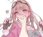  !? 1girl antenna_hair blonde_hair bow bowtie breasts brown_gloves cleavage danganronpa_(series) danganronpa_v3:_killing_harmony fingerless_gloves gloves goggles goggles_on_head grey_eyes hair_between_eyes hand_on_another&#039;s_chin hands_up iruma_miu large_breasts long_hair pink_bow pink_bowtie pink_shirt rize_(rize0420) sailor_collar shirt simple_background solo_focus upper_body white_background 