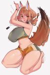  1girl absurdres alternate_costume animal_ear_fluff animal_ears arknights bare_legs bracelet breasts brown_eyes brown_hair digital_media_player earbuds earphones gym_shorts halterneck highres jewelry large_breasts long_hair looking_at_viewer motion_lines navel naxius_noxy open_mouth ponytail ratatos_browntail_(arknights) seiza shorts sidelocks sitting solo sports_bra squirrel_ears squirrel_girl squirrel_tail tail thick_eyebrows white_background workout_clothes 