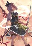  belt bow cloud grey_eyes hair_ribbon katana konpaku_youmu konpaku_youmu_(ghost) petals puffy_sleeves ribbon sheath shirt short_hair short_sleeves silver_hair skirt skirt_set sky sunset sword touhou vest weapon yunomachi 