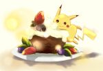  blueberry cake food food_on_face fruit leaf no_humans on_food pikachu plate pokemon pokemon_(creature) strawberry whipped_cream yoshi_(danball) 