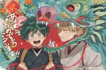  2024 2boys animal_costume bakugou_katsuki black_robe boku_no_hero_academia dragon dragon_costume eastern_dragon flower freckles green_hair highres male_focus midoriya_izuku multiple_boys open_mouth orange_flower orange_rose red_eyes robe rose sharp_teeth short_hair smile spiked_hair teeth tongue translation_request twitter_username unou_(unou_mha) upper_body v-shaped_eyebrows white_robe 