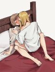  2girls absurdres arm_support barefoot bed bed_sheet blanket blonde_hair blunt_bangs blush brown_eyes brown_hair choker dungeon_meshi dutch_angle eye_contact falin_touden feet full_body headboard highres indoors long_hair long_sleeves looking_at_another marcille_donato multiple_girls off_shoulder on_bed pillow pointy_ears r_bishh red_choker shirt short_hair short_sleeves sleeves_rolled_up straddling t-shirt toes white_background white_shirt yuri 
