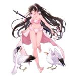  1girl artist_request bare_arms bare_legs bare_shoulders barefoot beak bikini bird bird_tail black_hair bracelet collarbone coreleah_(final_gear) drawing_sword feathers final_gear frills frown full_body gathers gradient_wings hairband half_updo high_ponytail highres holding holding_clothes holding_swimsuit holding_sword holding_weapon jewelry long_hair midriff multicolored_wings navel official_art pink_bikini pink_eyes pink_hairband pink_ribbon ponytail ribbon running seagull sheath simple_background soles solo spaghetti_strap sparkle swimsuit sword tachi-e tail third-party_source toes transparent_background unsheathing very_long_hair water_drop weapon white_bird white_feathers wings 