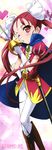  1girl absurdres accel_world aikei_yukiko blush boots cape gloves heart highres kouzuki_yuniko long_hair long_image open_mouth pants red_eyes red_hair solo stick_poster sword tall_image twintails weapon wink 