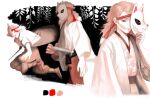  0ukihcust 1boy adjusting_mask charging_forward closed_mouth color_guide covered_face floating_hair flower fox_mask hand_up haori japanese_clothes katana kimetsu_no_yaiba limited_palette long_hair long_sleeves looking_down male_focus mask mask_over_one_eye medium_hair multiple_views obi one_eye_covered orange_hair pants sabito_(kimetsu) sad sash scar scar_on_cheek scar_on_face shin_guards sword tabi waraji weapon wide_sleeves wisteria 