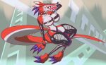 anthro bandai_namco belt big_claws big_feet big_hands bodily_fluids breasts buckle claws clothing digimon digimon_(species) drooling fangmon fangs feet female hi_res leather leather_clothing long_tail saliva scar sitting small_waist smile solo tail teeth tongue tongue_out toonvasion