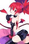  1girl :p absurdres black_gloves black_skirt black_thighhighs breasts commentary_request demon_girl demon_tail demon_wings disgaea earrings elbow_gloves etna_(disgaea) gloves hantic888 highres jewelry miniskirt o-ring_collar pointy_ears red_eyes red_hair red_tail red_wings side_slit skirt skull_earrings small_breasts solo tail thighhighs tongue tongue_out wings 