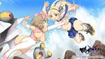  2girls blonde_hair breast_grab breasts brown_hair fighting grabbing haruka_(senran_kagura) katsuragi_(senran_kagura) large_breasts long_hair miniskirt multiple_girls official_art senran_kagura senran_kagura_(series) short_skirt skirt smile 