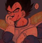  1boy black_hair blood blood_on_face chimachimadb commentary dragon_ball dragon_ball_z gloves hand_on_own_face male_focus saiyan_armor simple_background solo speech_bubble spiked_hair symbol-only_commentary teeth upper_body vegeta white_gloves 