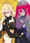  2girls absurdres aesc_(9th_anniversary)_(fate) aesc_(fate) baobhan_sith_(fate) baobhan_sith_(swimsuit_pretender)_(fate) baobhan_sith_(swimsuit_pretender)_(second_ascension)_(fate) belt blonde_hair blue_eyes blush braid breast_press breasts cleavage crop_top fate/grand_order fate_(series) glasses hat highres long_hair long_sleeves looking_at_viewer low_twin_braids micro_shorts multiple_girls official_alternate_costume orange_belt pink_hair pointy_ears red-framed_eyewear round_eyewear shorts sidelocks smile striped_belt symmetrical_docking twin_braids uriuriyukitti white_shorts witch_hat 