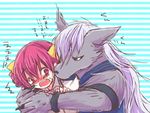  1girl blush hoshizora_miyuki hug hug_from_behind open_mouth precure smile_precure! striped striped_background wolfrun yoshizoe_eiko 