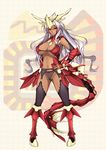  agnaktor breasts dark_skin dean garter_straps hand_on_hip highres large_breasts long_hair monster_hunter navel personification red_eyes silver_hair solo toned very_long_hair 