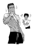  !? ^^^ afro braided_dreadlocks clothes_lift dark-skinned_male dark_skin hand_on_own_chin jungyun99 looking_at_another male_focus marvel miles_g._morales miles_morales multiple_persona muscle_envy nipples pants pectorals shirt_lift smirk sparkle spider-man:_across_the_spider-verse spider-man_(series) spider-verse sweatpants toned toned_male 