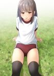  1girl :p arm_support black_thighhighs brown_eyes brown_hair buruma closed_mouth commentary_request day feet_out_of_frame gym_shirt gym_uniform highres long_hair looking_at_viewer on_grass original outdoors red_buruma shibacha shirt sitting smile solo thighhighs tongue tongue_out white_shirt 