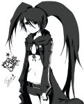  1girl belt bikini black_bikini black_coat black_hair black_rock_shooter black_rock_shooter_(character) black_shorts blue_eyes coat darkminister48 highres hood hooded_coat long_hair open_clothes open_coat pale_skin scar shorts solo star_(symbol) swimsuit twintails white_background 