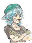  alternate_costume bad_id bad_pixiv_id baseball_cap blue_eyes blue_hair crossed_arms gloves hair_bobbles hair_ornament hat kawashiro_nitori kobuushi pencil_mustache screwdriver sketch solo touhou two_side_up 