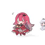  2girls baobhan_sith_(fate) baobhan_sith_(first_ascension)_(fate) blue_eyes blush chibi closed_eyes dress fang fate/grand_order fate_(series) food hair_ornament hair_ribbon highres holding holding_food long_hair morgan_le_fay_(fate) mother_and_daughter multiple_girls open_mouth pink_hair pointy_ears pudding red_dress ribbon shigure_(ffrh7824) sidelocks smile white_background white_hair 