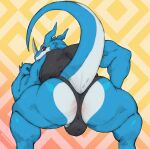  absurd_res anthro anus back_muscles backsack balls bandai_namco barazoku biceps big_butt big_muscles blue_body bubble_butt butt clothing crouching digimon digimon_(species) digital_media_(artwork) dragon erection exveemon genitals hi_res horn looking_at_viewer male muscular muscular_anthro muscular_male mythological_creature mythological_scalie mythology presenting presenting_hindquarters raised_tail scalie simple_background solo tail thick_thighs thong triceps tylerstark underwear 
