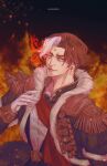  1boy brown_hair coat cosmodynes earrings emet-selch epaulettes final_fantasy final_fantasy_xiv fire fur_trim gloves highres jewelry long_sleeves looking_at_viewer male_focus multicolored_hair short_hair smile solo two-tone_hair white_gloves white_hair yellow_eyes 