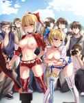  adapted_object aestus_estus ahoge artoria_pendragon_(all) bangs belt blonde_hair blue_bow blue_eyes blue_shorts blue_sky blush boots bow breasts breasts_outside camera choker closed_mouth collarbone commentary_request cropped_jacket excalibur exhibitionism fate/extra fate/stay_night fate_(series) green_eyes hair_between_eyes hair_bow hair_intakes hand_on_hip highres hips jacket large_breasts leaning_forward long_hair multiple_boys multiple_girls navel nero_claudius_(fate) nero_claudius_(fate)_(all) nipples no_bra open_clothes open_jacket ponytail race_queen red_footwear red_jacket red_shorts saber short_shorts shorts sidelocks sky small_breasts sword thigh_boots thighhighs thighs umbrella weapon white_footwear white_jacket yuemanhuaikong 