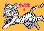  1girl 2022 animal_costume animal_print blue_hair blush chinese_zodiac disgaea fang full_body hair_over_one_eye harada_takehito looking_at_viewer open_mouth orange_background original pleinair red_eyes short_hair simple_background solo tiger_costume tiger_print year_of_the_tiger 