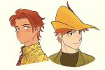  2boys closed_mouth collared_shirt cropped_shoulders hat hat_feather humanization male_focus multiple_boys necktie nick_wilde orange_hair parted_lips red_hair robin_hood_(disney) robin_hood_(disney)_(character) shirt short_hair simple_background smile striped_necktie uochandayo white_background yellow_hat zootopia 