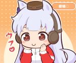  +_+ 1girl animal_ears blue_bow blush_stickers bow brown_background brown_eyes brown_hat chibi closed_mouth ear_bow ear_covers gold_ship_(umamusume) gomashio_(goma_feet) grey_hair hands_up hat horse_ears horse_girl horse_tail jacket long_hair mini_hat red_jacket smile solo tail track_jacket translation_request umamusume upper_body 