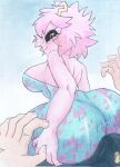 ashido_mina big_breasts big_butt black_sclera blue_background blue_bodysuit blue_clothing blue_skinsuit bodily_fluids bodysuit breasts bulge butt clothing duo eyelashes female first_person_view gurmescop hair hi_res horn horned_humanoid huge_butt human humanoid looking_at_viewer looking_back looking_back_at_viewer male mammal my_hero_academia on_lap pink_body pink_hair rear_view simple_background sitting_on_lap skinsuit smile sweat sweatdrop tan_body tan_skin thick_thighs tight_clothing wide_hips yellow_eyes yellow_horn