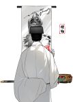  1boy a-junk back bird black_hair chinese_clothes chinese_text duijin_ruqun eagle facing_away from_behind futou hanfu hanging_scroll hat highres holding jiaoling_ruqun long_sleeves male_focus original robe scroll simple_background solo white_background white_robe 
