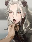  1boy absurdres animal_ears bishounen blurry blurry_background chinese_clothes commentary_request ensemble_stars! fang finger_in_another&#039;s_mouth grey_background grey_hair highres jiz_(pffbq) kemonomimi_mode long_hair looking_at_viewer male_focus mouth_pull open_mouth orange_eyes panda_boy panda_ears pov ran_nagisa short_sleeves solo_focus sweet_sweet_hunger_(ensemble_stars!) upper_body 