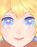  artist_name blonde_hair blue_eyes close-up closed_mouth earrings eyes face jewelry lips long_hair looking_at_viewer mario_(series) omocat princess_peach reflective_eyes smile solo super_mario_bros. 