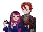  1boy 1girl blush commission couple diamant_(fire_emblem) fire_emblem fire_emblem_engage highres holding_hands ivy_(fire_emblem) jewelry mariirasuto7 necklace open_mouth purple_eyes purple_hair red_eyes red_hair 