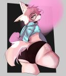  anthro blue_eyes butt canid canine digital_drawing_(artwork) digital_media_(artwork) fox hair hi_res karmacool male mammal nastyvix pink_body pink_hair pose presenting presenting_hindquarters shaded simple_background solo 