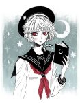  1boy androgynous black_hat black_ribbon black_sailor_collar blue_background blush book border closed_mouth commentary crescent_moon eleanor_(ohmyeleanor) gradient_background hat hat_ribbon henri_die_heilige holding holding_book looking_at_viewer male_focus moon neckerchief partially_colored pocket_mirror red_eyes red_neckerchief ribbon sailor_collar sailor_hat sailor_shirt shirt short_hair solo star_(symbol) white_background white_border 