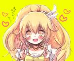  1girl blonde_hair blush bow commentary_request cure_peace double_v hair_flaps heart kise_yayoi long_hair looking_at_viewer open_mouth precure simple_background smile smile_precure! solo translated v yellow_background yellow_bow yellow_eyes yellow_theme yoshizoe_eiko 